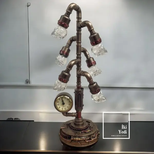Veronese Steampunk Kafatası Başlıklı Masa Lambası | Retro Saatli Dekoratif Obje Lüks Hediyeler VIP
