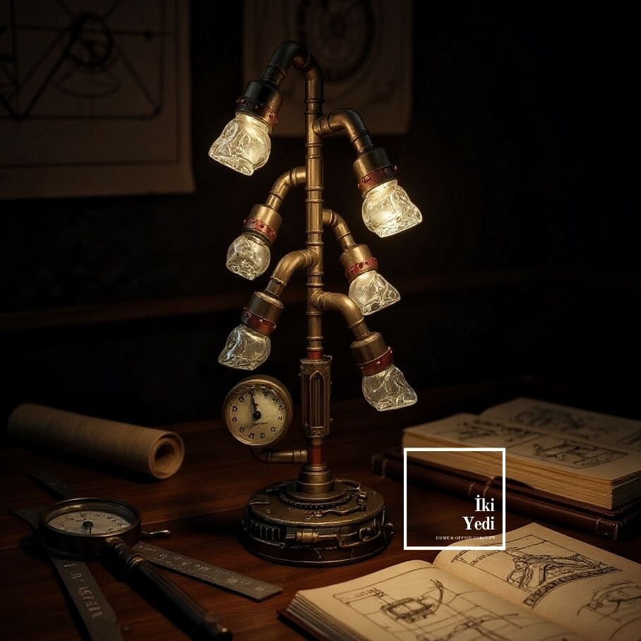Veronese Steampunk Kafatası Başlıklı Masa Lambası | Retro Saatli Dekoratif Obje Lüks Hediyeler VIP
