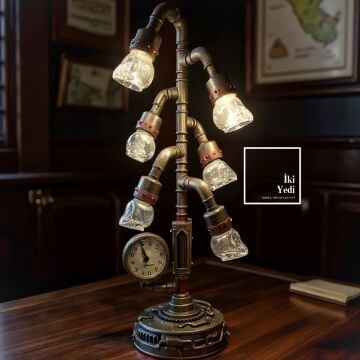 Veronese Steampunk Kafatası Başlıklı Masa Lambası | Retro Saatli Dekoratif Obje Lüks Hediyeler VIP