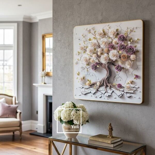 Derrida Işıltılı Taşlı Hayat Ağacı Duvar Tablosu 60x60 cm Çiçekli Modern Salon ve Ev Duvar Dekoru