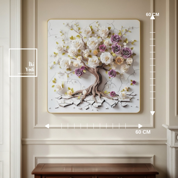 Derrida Işıltılı Taşlı Hayat Ağacı Duvar Tablosu 60x60 cm Çiçekli Modern Salon ve Ev Duvar Dekoru