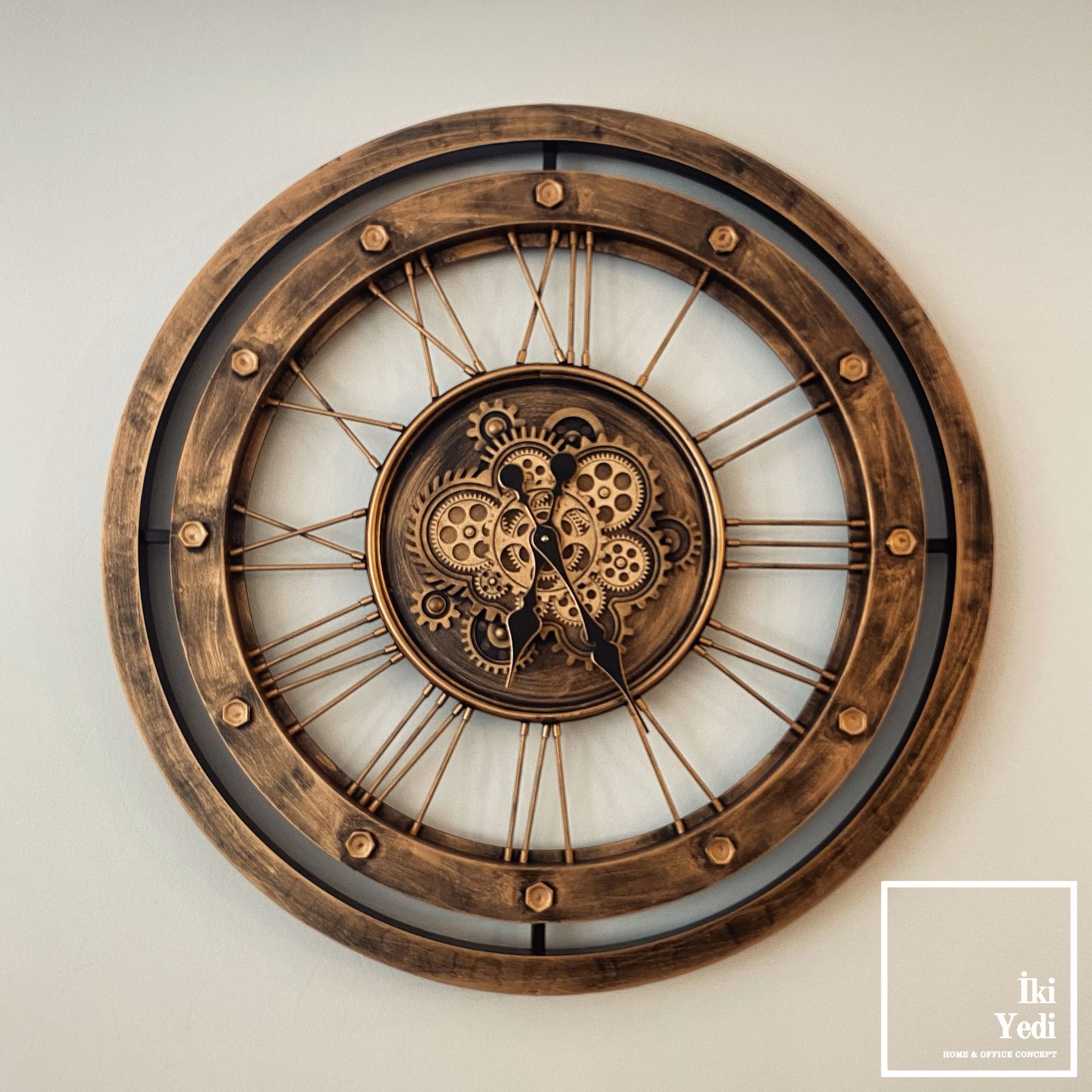 Schmidt 85 cm Dev Çarklı Saat Metal Duvar Saati İthal Mekanik Ofis Salon Saati Büro Ev Döner Çarklı Modeller