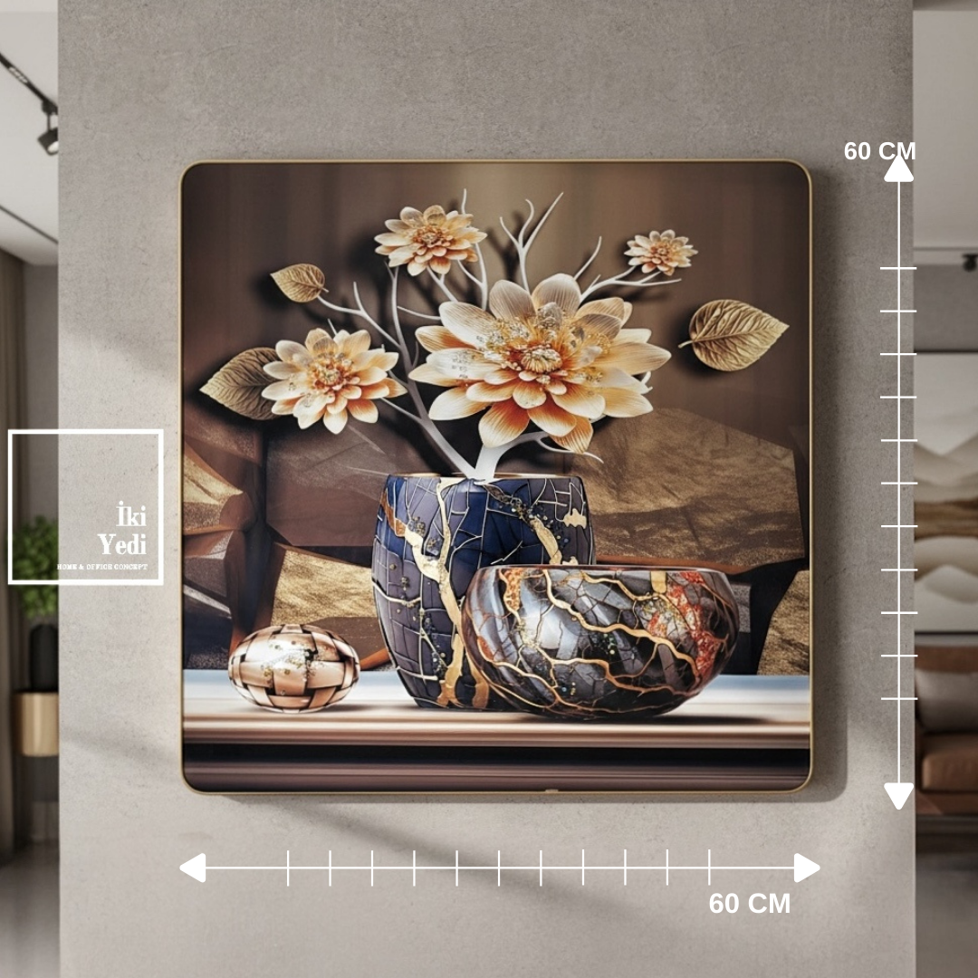 Eisen Işıltılı Taşlı Çiçek ve Vazo Duvar Tablosu 60x60 cm Modern Salon ve Ev Duvar Dekoru Hediyelik