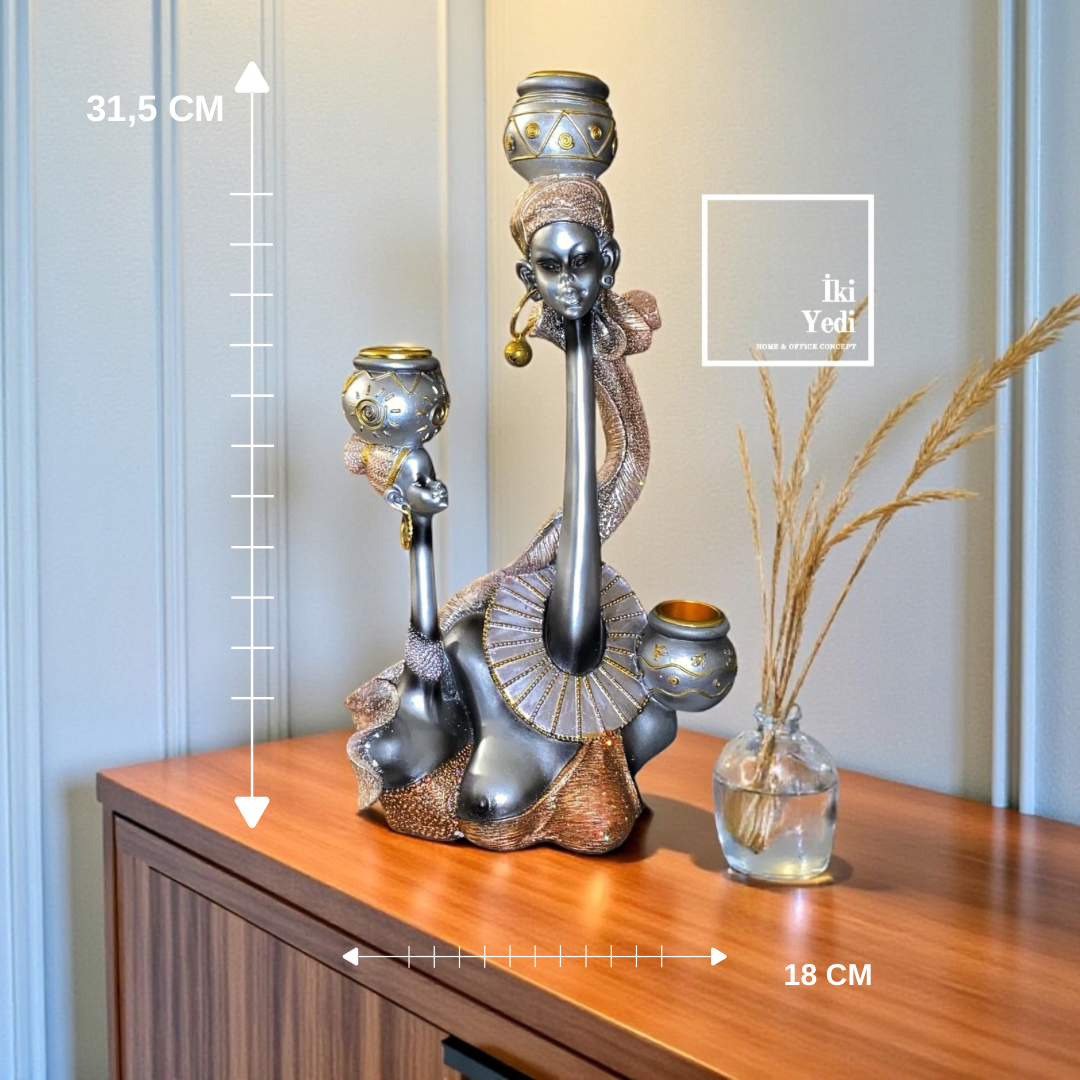 Sochka Afrika Temalı Kadın Figürlü Şamdan Biblo, Dekoratif Ev ve Ofis Aksesuarı Ev Hediyesi Objeler