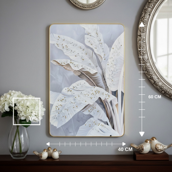 Tschumi Işıltılı Taşlı Beyaz Yaprak Desenli Dekoratif Duvar Tablosu 40x60 cm, Modern Duvar Dekoru