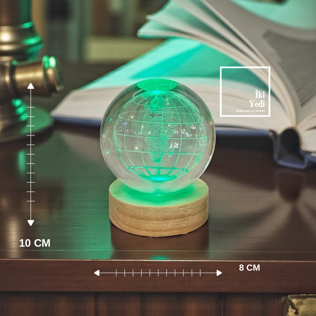 Işıklı Dünya Küresi, LED Aydınlatmalı Kristal Küre, Dekoratif Masaüstü Obje Ofis Hediyesi Aksesuar