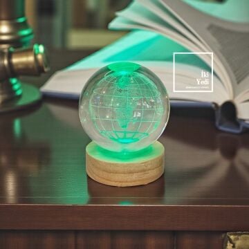 Işıklı Dünya Küresi, LED Aydınlatmalı Kristal Küre, Dekoratif Masaüstü Obje Ofis Hediyesi Aksesuar