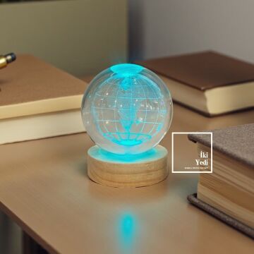 Işıklı Dünya Küresi, LED Aydınlatmalı Kristal Küre, Dekoratif Masaüstü Obje Ofis Hediyesi Aksesuar