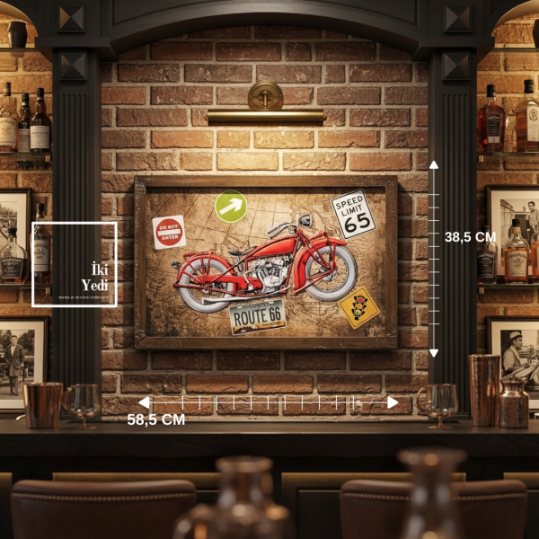 SL65 Route 66 Kırmızı Motosiklet Metal Kabartmalı Tablo Retro Garaj Bar Ofis Duvar Dekoru 58x38 cm
