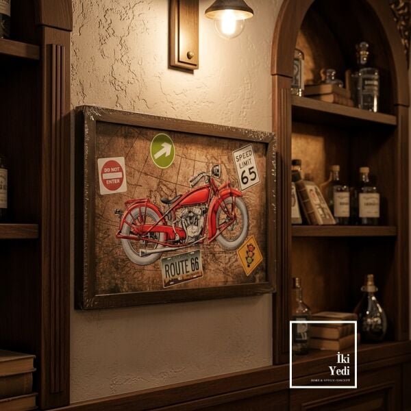 SL65 Route 66 Kırmızı Motosiklet Metal Kabartmalı Tablo Retro Garaj Bar Ofis Duvar Dekoru 58x38 cm