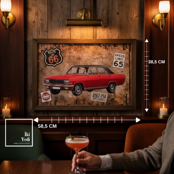A567 Route 66 Kırmızı Klasik Araba Metal Kabartmalı Tablo  Vintage Bar Ofis Duvar Dekoru Genç Odası