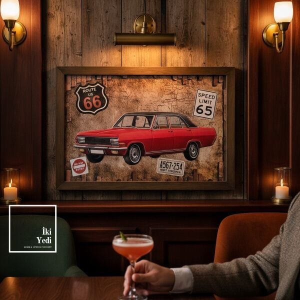 A567 Route 66 Kırmızı Klasik Araba Metal Kabartmalı Tablo  Vintage Bar Ofis Duvar Dekoru Genç Odası