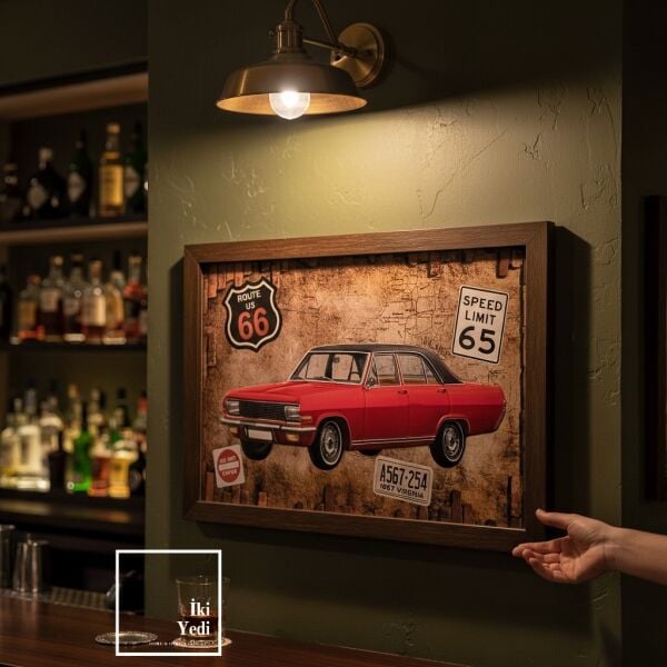 A567 Route 66 Kırmızı Klasik Araba Metal Kabartmalı Tablo  Vintage Bar Ofis Duvar Dekoru Genç Odası