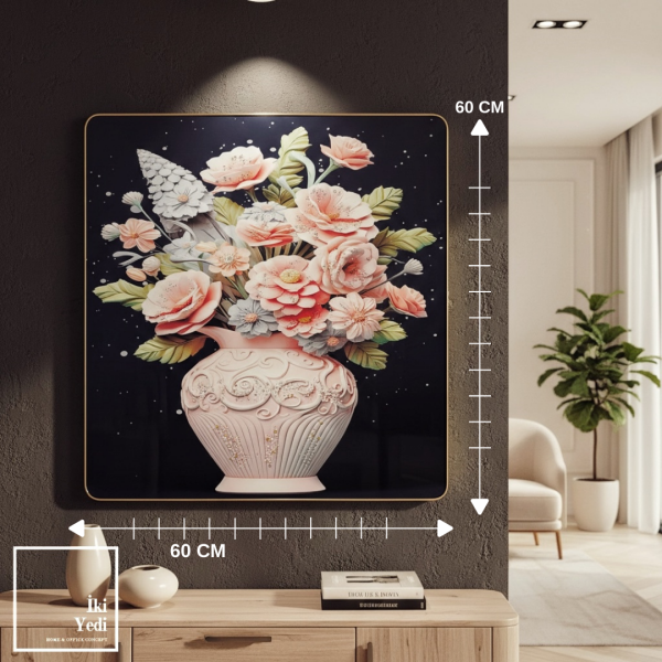 Johlip Işıltılı Taşlı Modern Çiçek Vazolu Metal Kabartmalı Tablo 60x60 cm Salon Ofis Duvar Dekoru
