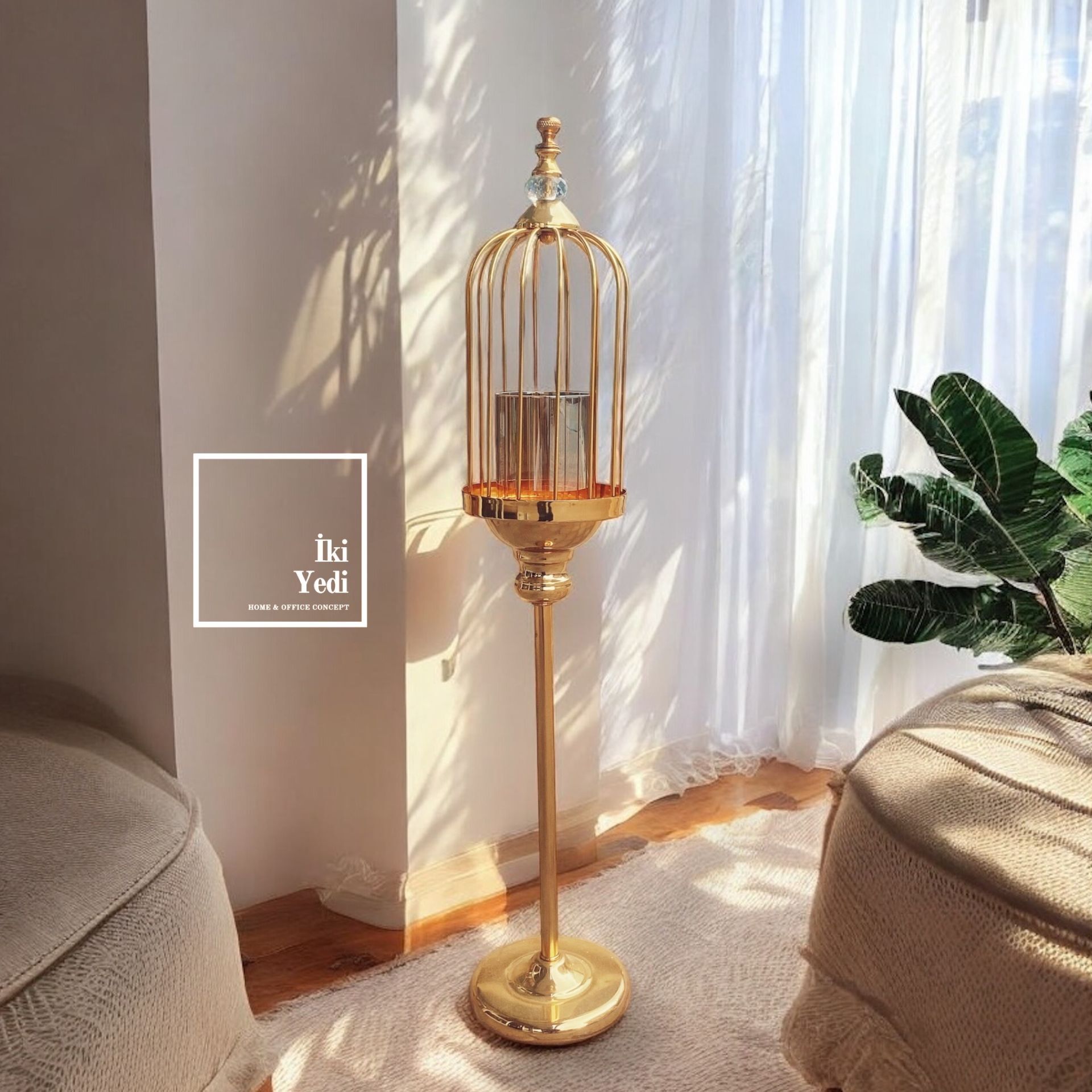 Rieder Kuş Kafesi Tasarımlı Metal Ayaklı Gold Mumluk 93 cm Fener Salon Boy Lüks Dekorasyon Ev Hediyesi Ofis Aksesuarı