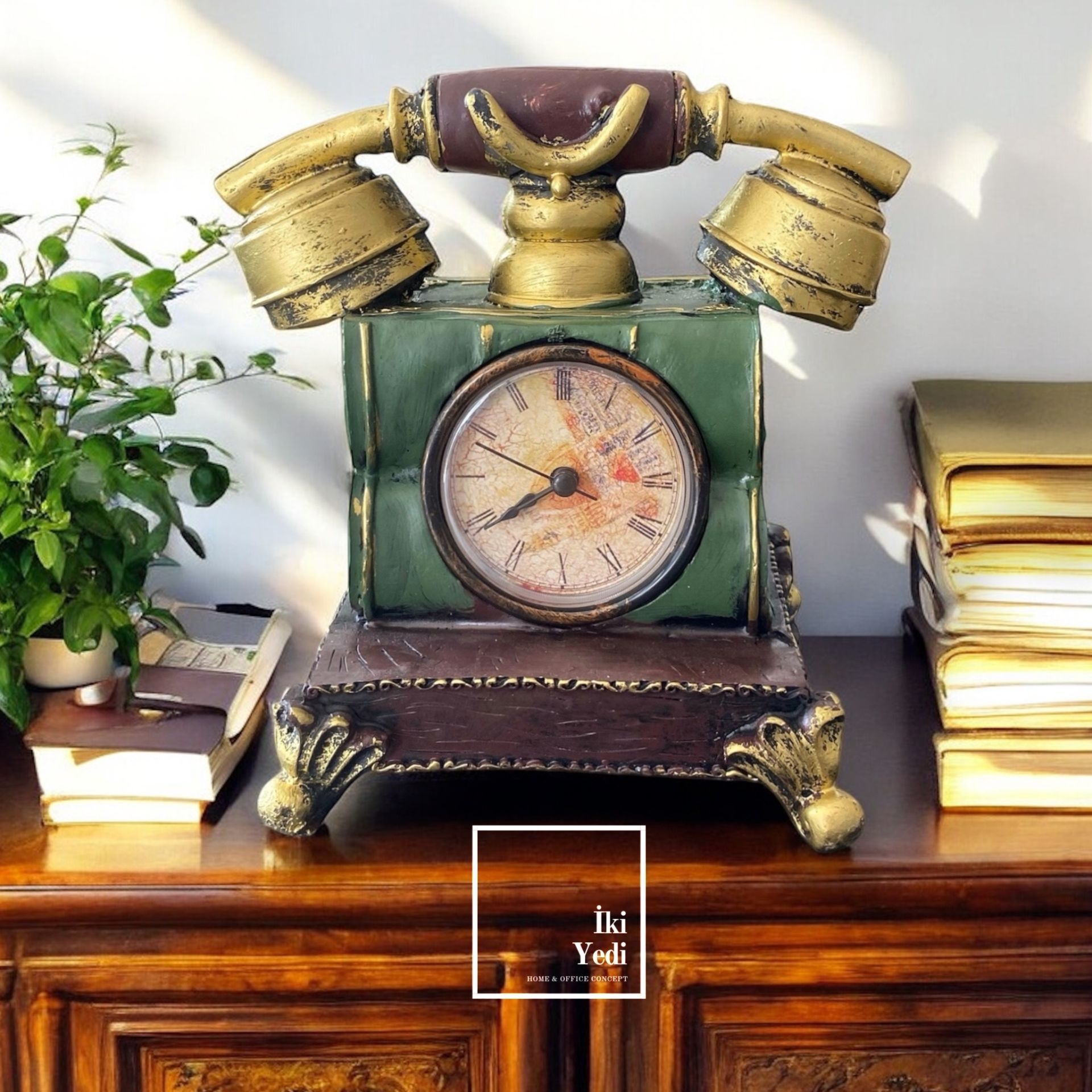 Bradley Antika Telefon Görünümlü Masa Saati, Kumbara Özellikli Vintage Obje, Ev Ofis Hediyelik
