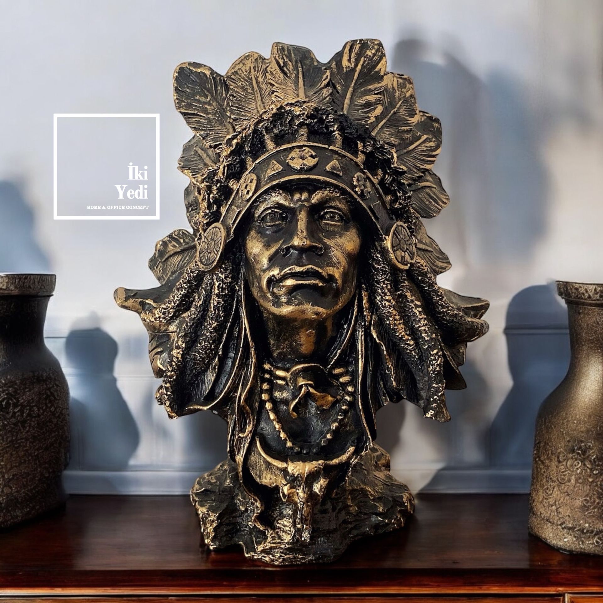 Dekoratif Kızılderili Büstü Antik Görünümlü Otantik Heykel Obje Ev ve Ofis İçin Özel Tasarım Dekor