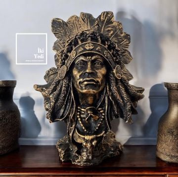Dekoratif Kızılderili Büstü Antik Görünümlü Otantik Heykel Obje Ev ve Ofis İçin Özel Tasarım Dekor