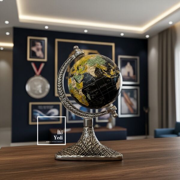 Solon Metal Ayaklı Dünya Küresi, Ofis Masası Dekoru, Klasik Tarz Küre, Prestij Aksesuar 20 cm Küçük