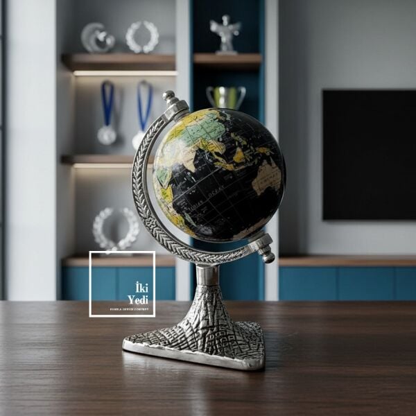 Solon Metal Ayaklı Dünya Küresi, Ofis Masası Dekoru, Klasik Tarz Küre, Prestij Aksesuar 20 cm Küçük