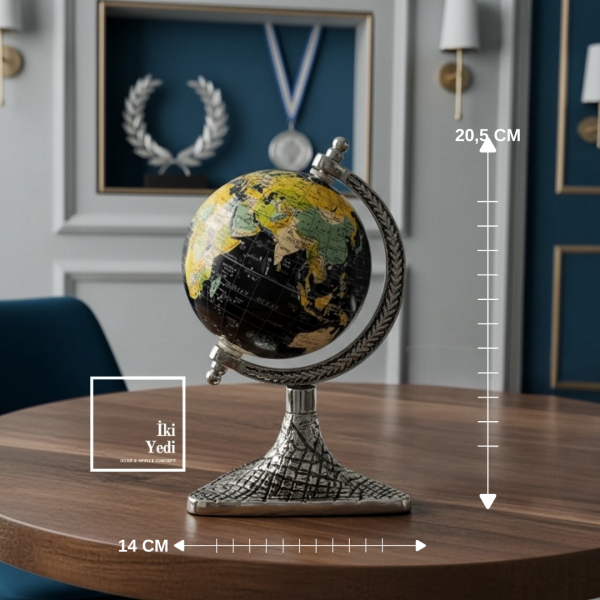 Solon Metal Ayaklı Dünya Küresi, Ofis Masası Dekoru, Klasik Tarz Küre, Prestij Aksesuar 20 cm Küçük