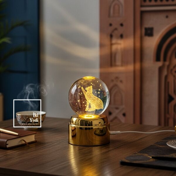 Mobius Dönen Işıklı Cam Küre Kedi Figürü, LED Gece Lambası, Dekoratif Loş Masa Lambası 12 cm Gold