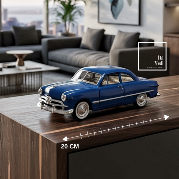 Retro Mavi Ford Coupe Tarzı Dekoratif Araba Maketi 20 cm Masaüstü ve Raf Üstü Obje Ofis Hediyesi