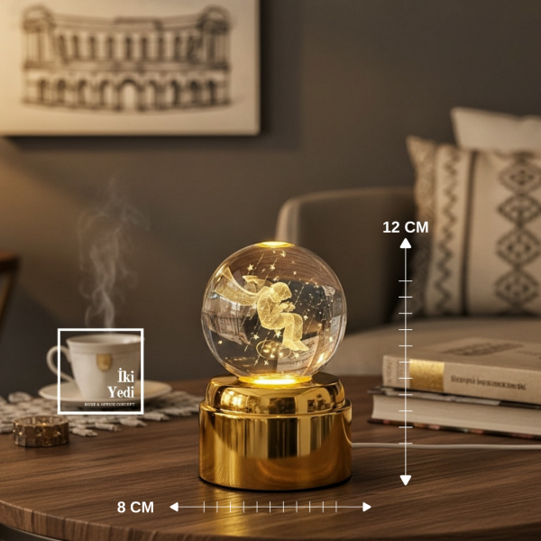 Mobius Dönen Işıklı Cam Küre Küçük Prens Figürü, LED Gece Lambası, Dekoratif Masa Lambası 12 cm