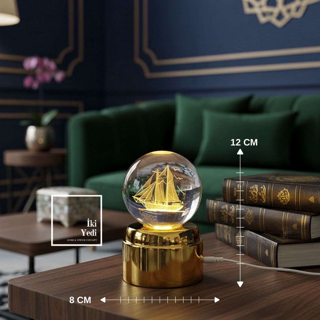Mobius Dönen Cam Küre Yelkenli Gemi LED Gece Lambası Deniz Temalı Dekoratif Işıklı Küre Hediyelik