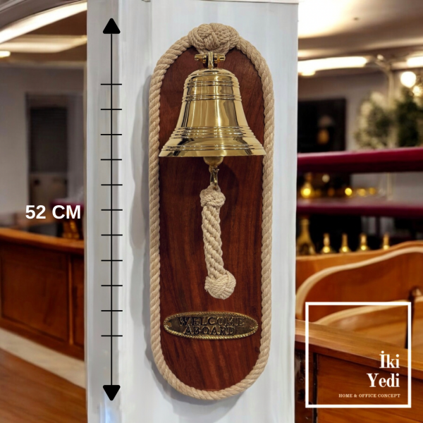 Welab 52 cm Masif Ağaç Halatlı Pirinç Duvar Çanı – Antik Duvar Zili, Lüks Dekoratif Obje