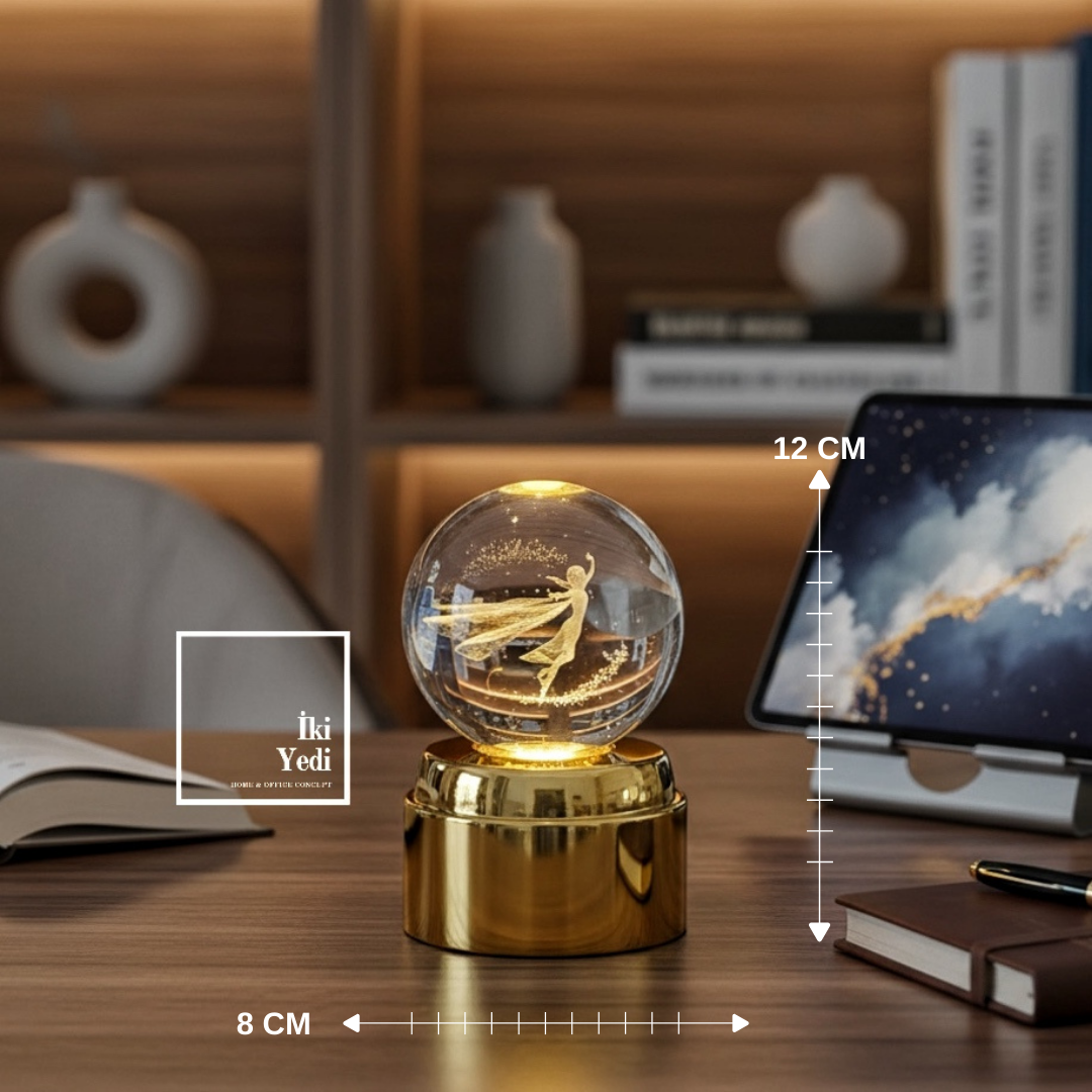 Mobius Dönen Cam Küre Rüyada Dans Eden Peri LED Gece Lambası, Işıklı Dekoratif Masaüstü Küre 12 cm