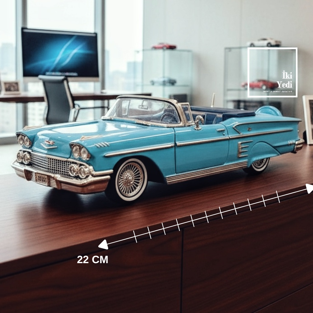 Mavi Klasik Amerikan Stil Dekoratif Araba Maketi 22 cm Üstü Açık Metal Masa Üstü Obje Ofis Hediyesi
