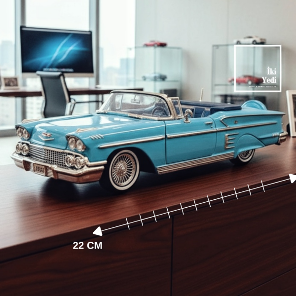 Mavi Klasik Amerikan Stil Dekoratif Araba Maketi 22 cm Üstü Açık Metal Masa Üstü Obje Ofis Hediyesi