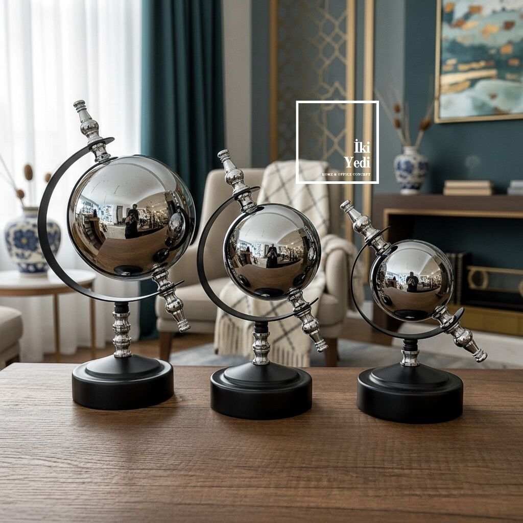 Ferguson Orbit Set Gümüş 3’lü Metal Küre Dekor, Modern Ofis ve Salon Masa Üstü Obje Hediyelik Eşya