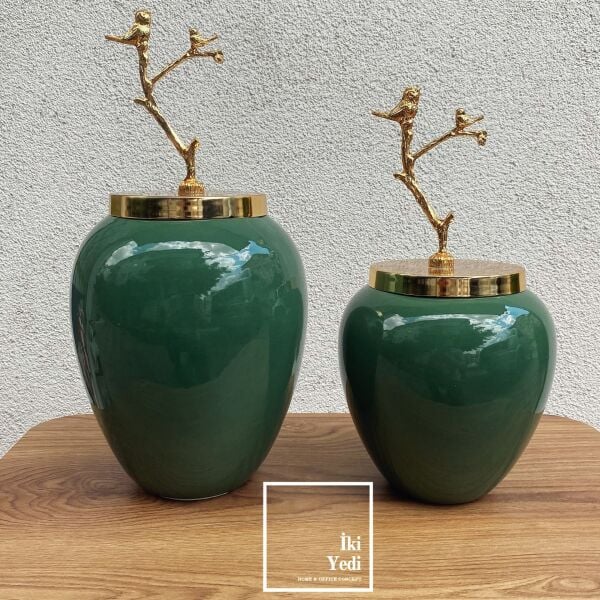 Cespedes Kuş Tasarımlı Gold Kapaklı Yaprak Yeşili 2'li Dekoratif Küp Vazo Seti Seramik Ev Dekorasyon Süs Eşyaları