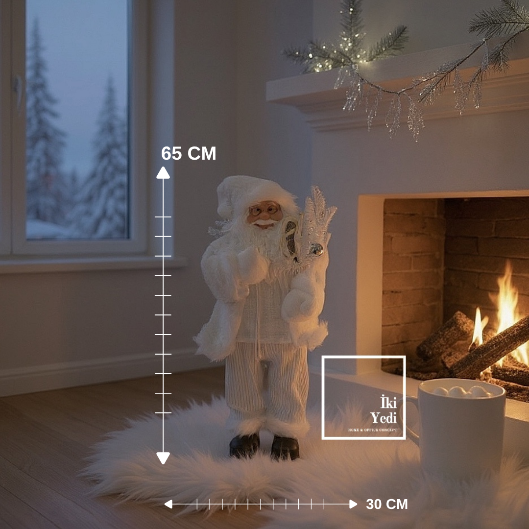 Beyaz Dekoratif Noel Baba Figürü 65 cm Yeni Yıl Ev Süslemesi, Lüks Yılbaşı Aksesuarı Premium Hediye