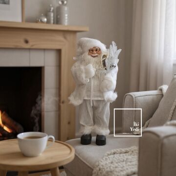 Beyaz Dekoratif Noel Baba Figürü 65 cm Yeni Yıl Ev Süslemesi, Lüks Yılbaşı Aksesuarı Premium Hediye