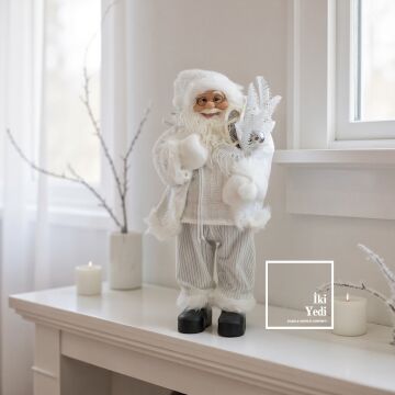 Beyaz Dekoratif Noel Baba Figürü 65 cm Yeni Yıl Ev Süslemesi, Lüks Yılbaşı Aksesuarı Premium Hediye