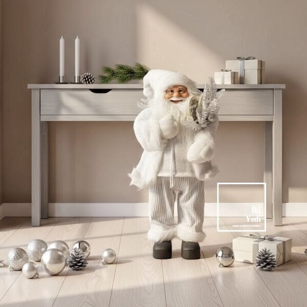 Beyaz Dekoratif Noel Baba Figürü 65 cm Yeni Yıl Ev Süslemesi, Lüks Yılbaşı Aksesuarı Premium Hediye
