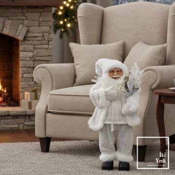 Beyaz Dekoratif Noel Baba Figürü 65 cm Yeni Yıl Ev Süslemesi, Lüks Yılbaşı Aksesuarı Premium Hediye