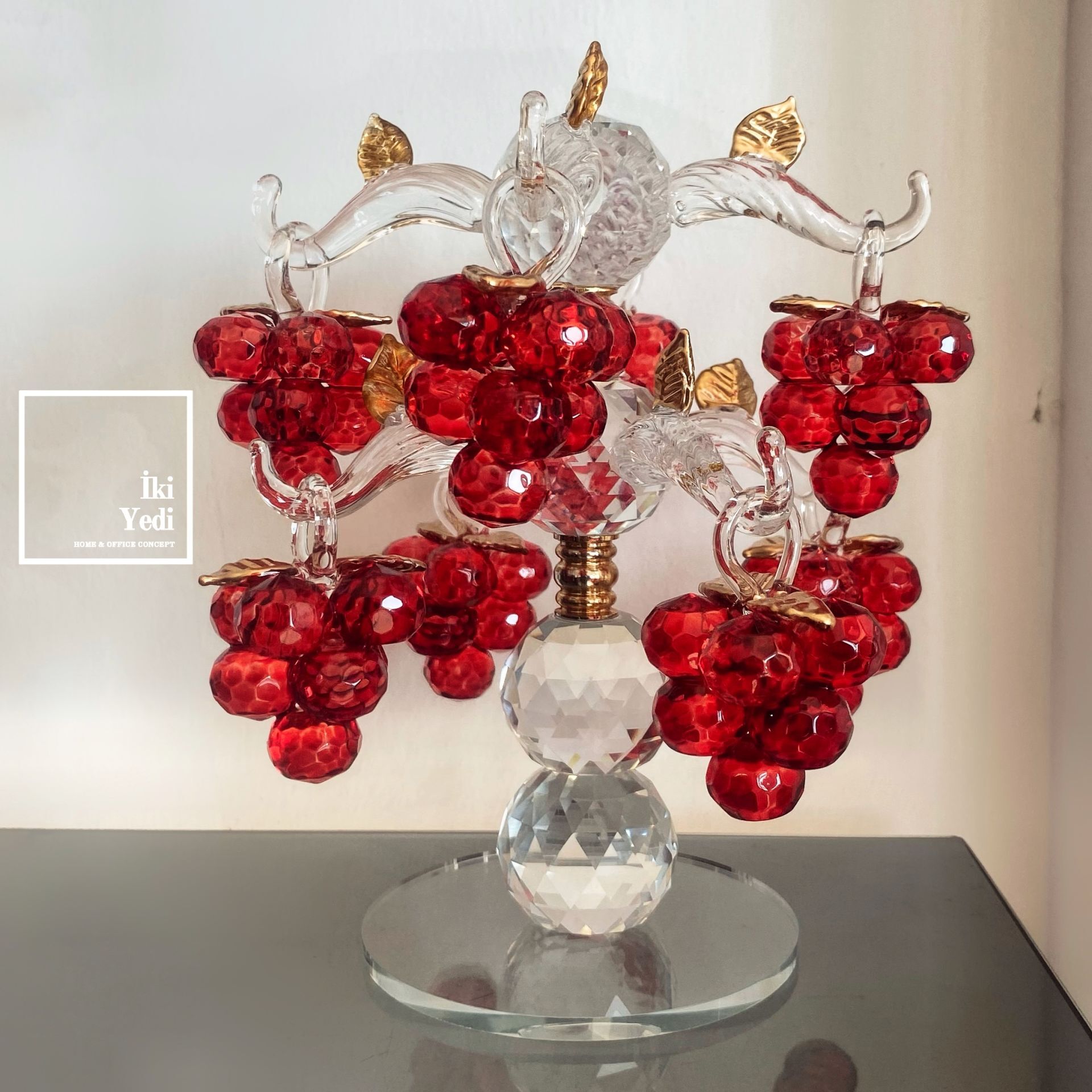 Brest Kırmızı Kristal Cam Üzüm Salkımı Dekoratif Obje Masa Üstü Süs Lüks Ev ve Ofis Aksesuarı