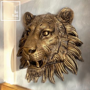 Dussen Kaplan Başı Duvar Dekoru 30 cm Gold Aslan Kafası Objesi Dekoratif Heykeller Ofis Hediyesi Sıradışı Hediyelik Figür