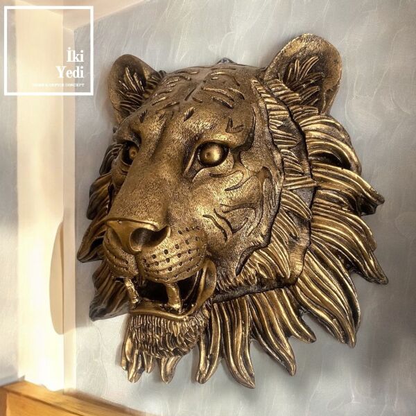 Dussen Kaplan Başı Duvar Dekoru 30 cm Gold Aslan Kafası Objesi Dekoratif Heykeller Ofis Hediyesi Sıradışı Hediyelik Figür