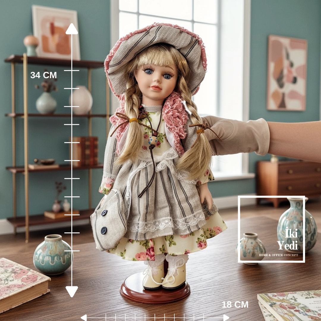 Katarina 774 Vintage Tarz Dekoratif Porselen Yüzlü Bebek 34 cm Elbiseli Nostaljik Ev Ofis Objesi