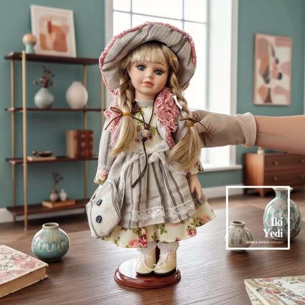 Katarina 774 Vintage Tarz Dekoratif Porselen Yüzlü Bebek 34 cm Elbiseli Nostaljik Ev Ofis Objesi