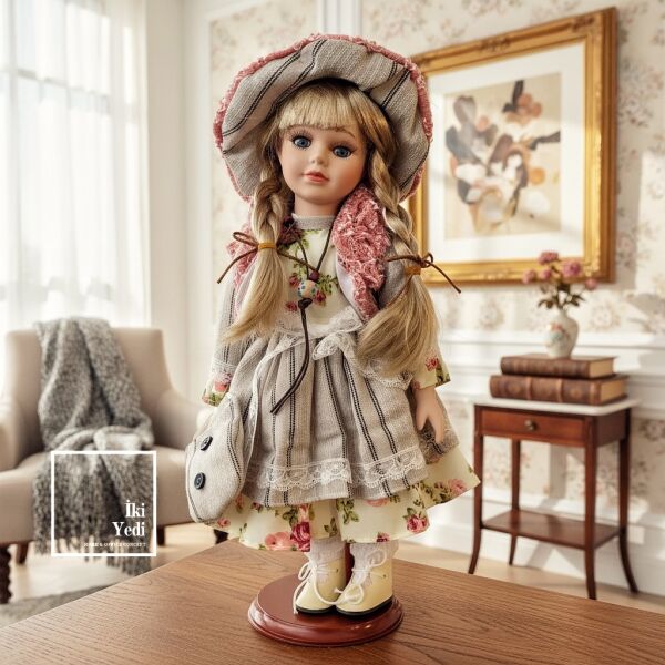 Katarina 774 Vintage Tarz Dekoratif Porselen Yüzlü Bebek 34 cm Elbiseli Nostaljik Ev Ofis Objesi