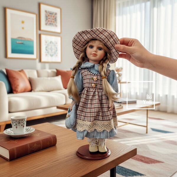 Katarina 775 Vintage Dekoratif Porselen Yüzlü Bebek Şapkalı Nostaljik Ev Ofis Masa Üstü Objesi