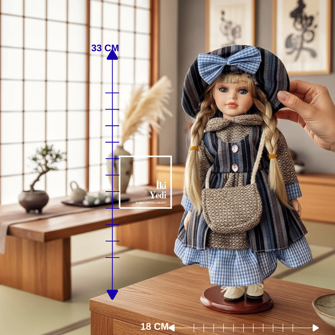 Katarina 776 Vintage Dekoratif Porselen Yüzlü Bebek Mavi Fiyonk Nostaljik Ev Ofis Masa Üstü Objesi