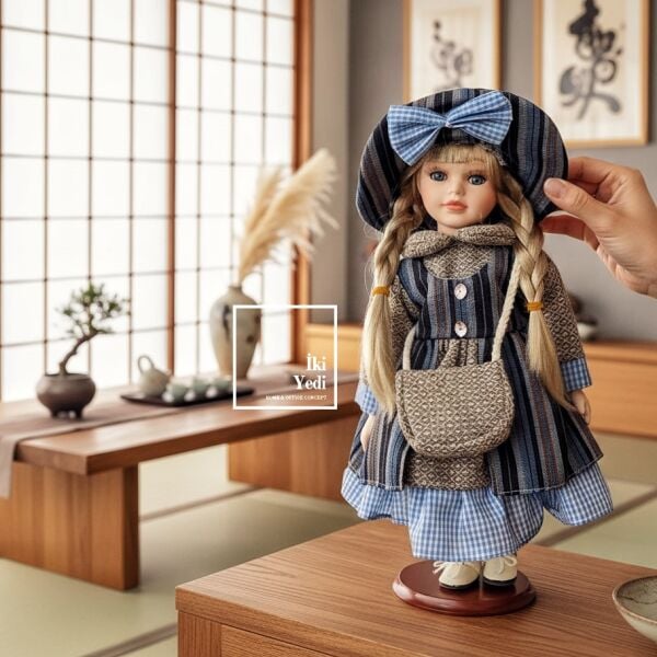 Katarina 776 Vintage Dekoratif Porselen Yüzlü Bebek Mavi Fiyonk Nostaljik Ev Ofis Masa Üstü Objesi