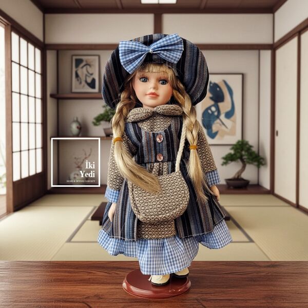 Katarina 776 Vintage Dekoratif Porselen Yüzlü Bebek Mavi Fiyonk Nostaljik Ev Ofis Masa Üstü Objesi